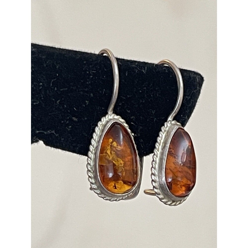 925 Sterling Silver Honey Amber Teardrop Dangle Earrings Baltic Amber 3.12g VTG